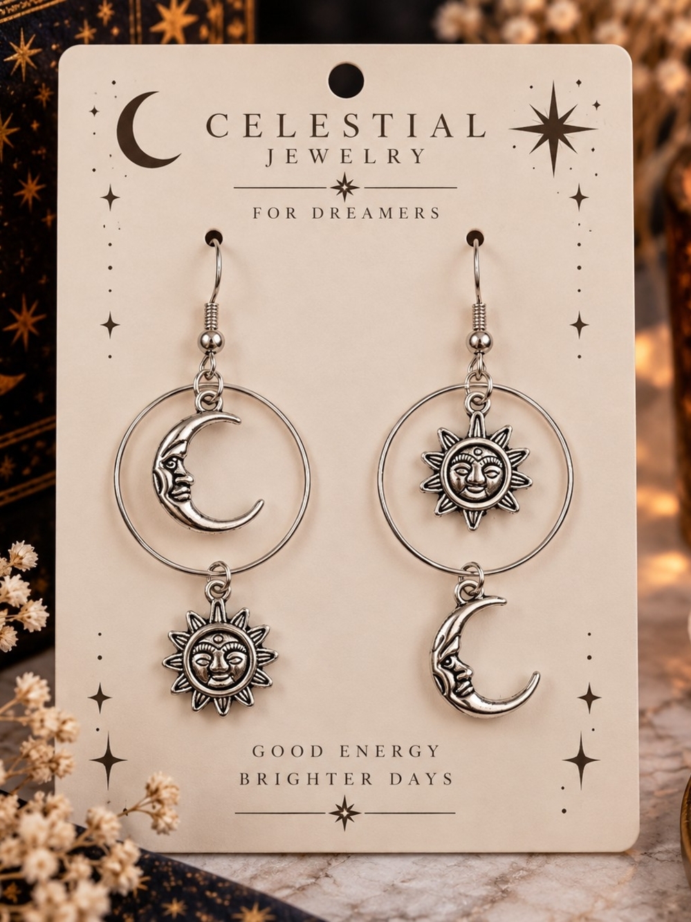 Silver Metal Sun & Moon Celestial Dangle Drop Earrings New